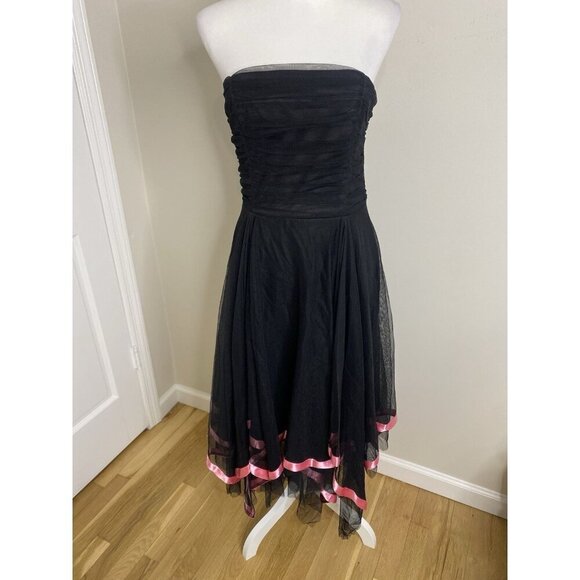 Vintage Cache Y2K 90s Black Mesh Pink Whimsigoth Fairy Asymmetrical Dress Sz 12 - Picture 2 of 10